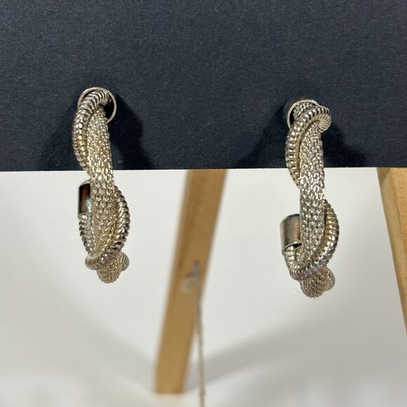 Silver Tone Open Mesh Earrings Twist Hoop 1.5" Earrings Chain Vintage Retro - Picture 3 of 8